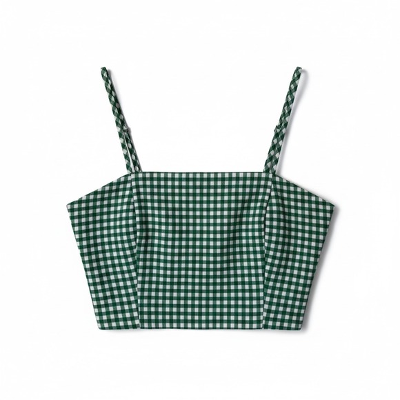 Zara Tops - Zara Green White Gingham Smocked Crop Top Camisole Square Neck Spaghetti Strap M